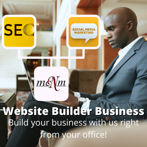 Business professional using a laptop with an overlay showcasing "Website Builder Business" features, including mobile-responsive design, hosting, and SEO-ready tools for MCNM Marketing.
