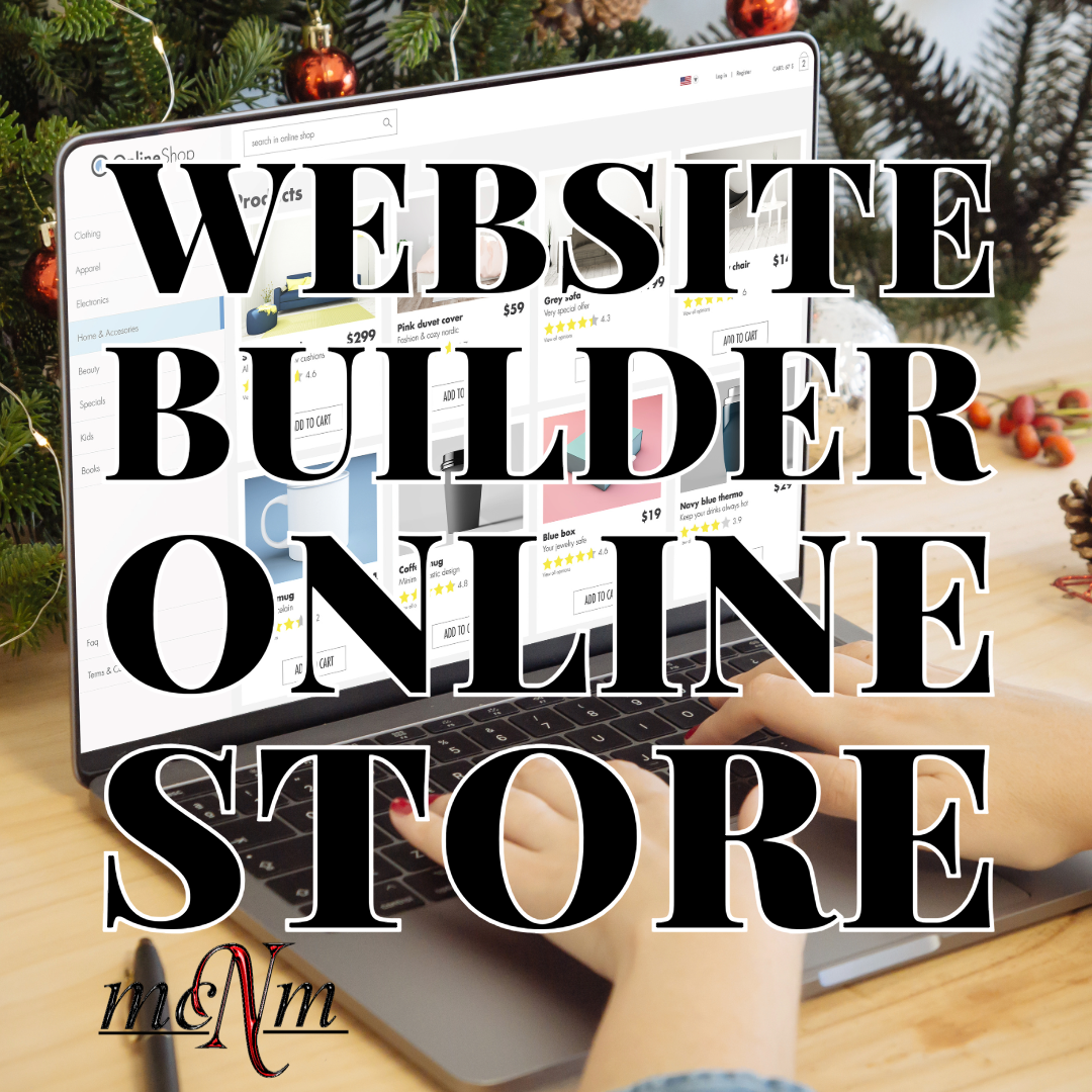 A professional workspace featuring a laptop and a person’s hands, overlaid with the text "WEBSITE BUILDER ONLINE STORE" in a bold, modern font.