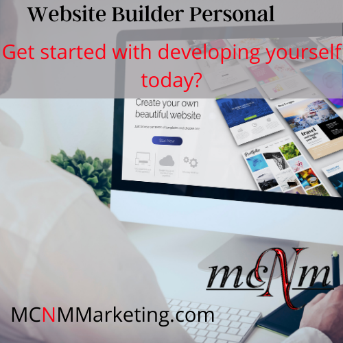 Promotional graphic for MCNM Marketing Website Builder Personal plan featuring a laptop, a mobile-responsive layout, and the MCNM logo with the text "Get started with developing yourself today."