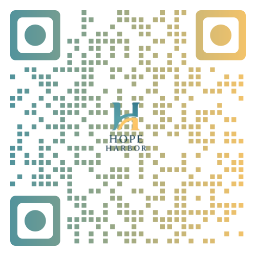 QR code with the Hope Harbor logo in the center, used for downloading or accessing digital marketing resources.