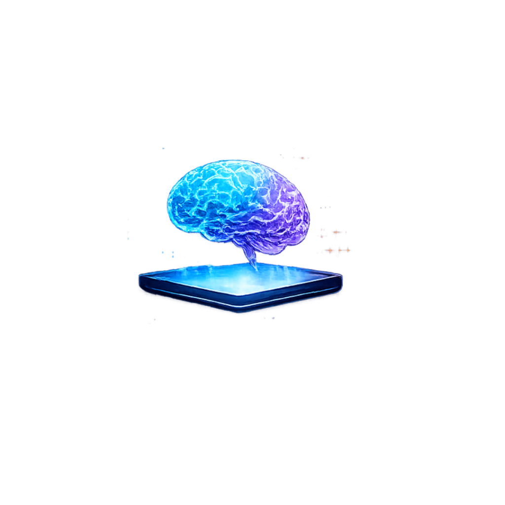 A glowing, translucent 3D human brain composed of digital neural networks and blue light particles, representing artificial intelligence and machine learning.