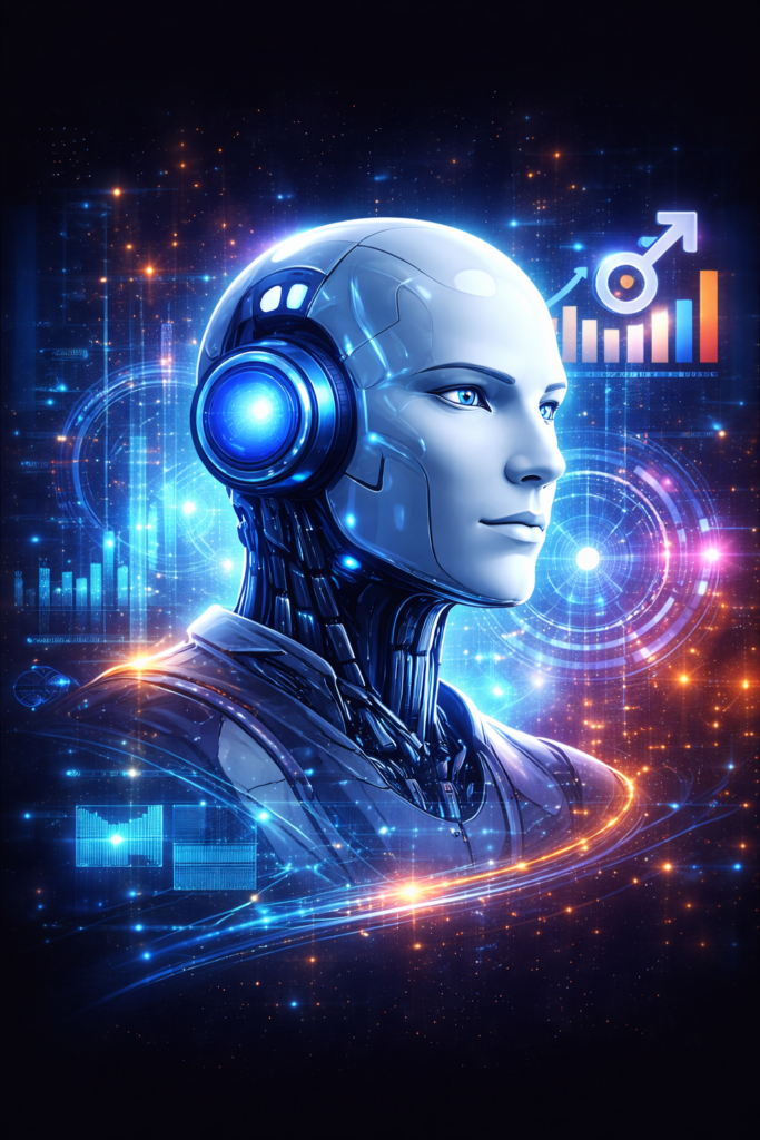 Futuristic AI profile representing the evolution of digital marketing and AI-powered SEO tools.