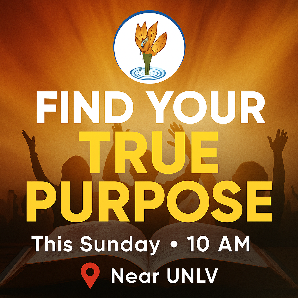 A vibrant Sunday Service promotional graphic titled "Find Your True Purpose," featuring a central icon of a white cross inside a sun-like circle on an orange and dark background, with event details for 10 AM near UNLV.