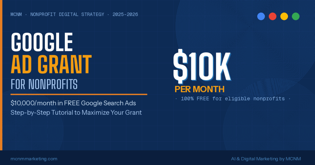 A blue and white graphic promoting Google Ad Grants for nonprofits, featuring the text "$10K Per Month" and a "Start Now" button.