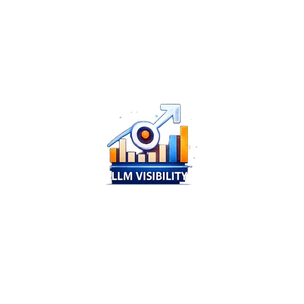 A digital dashboard showing an "LLM Visibility" meter and ascending bar charts, representing tracking brand mentions in AI models.