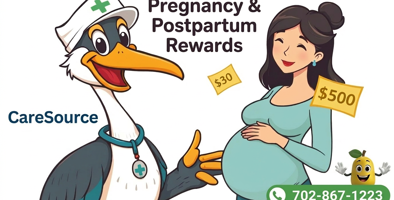 A colorful illustration showing a healthcare professional next to a pregnant woman, highlighting "Pregnancy & Postpartum Rewards" for Medicaid members.