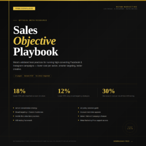 Front cover of the Meta Sales Objective Playbook for Facebook and Instagram Ads, featuring digital marketing strategy icons and the MCNM Marketing logo.