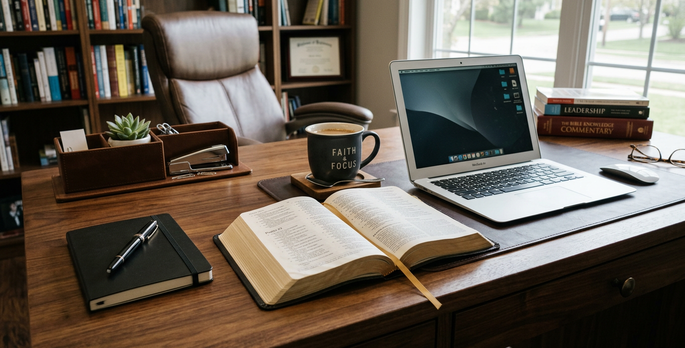 Home office desk with open Bible, laptop, notebook with pen, and coffee mug