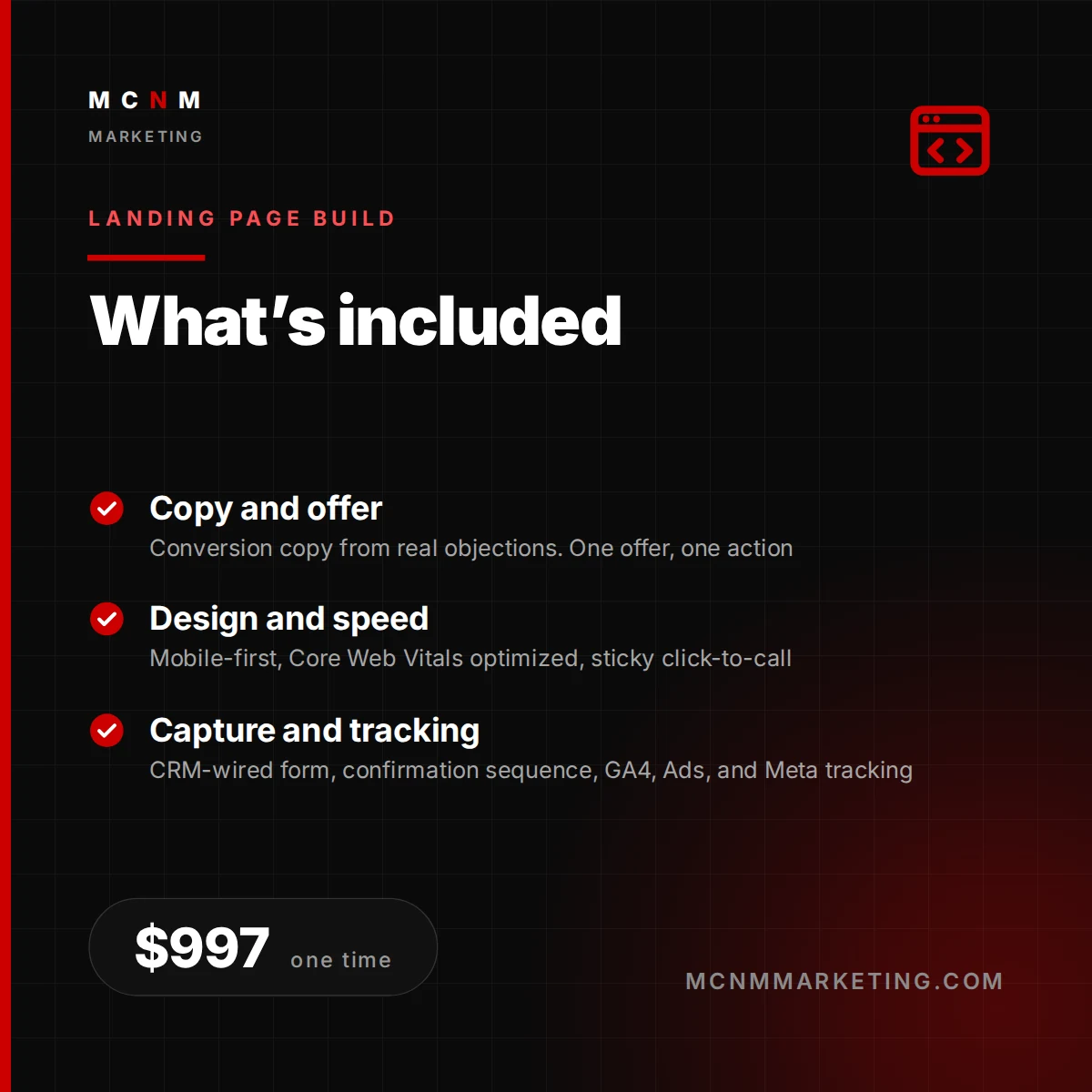 What's included in High-Converting Landing Page Build from MCNM Marketing: Copy and offer, Design and speed, Capture and tracking