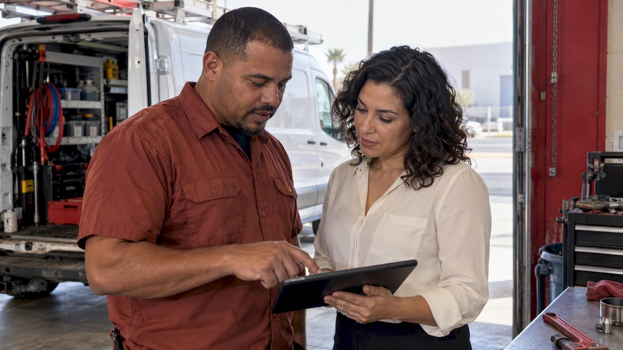 Plumbing owner reviewing website scope with designer