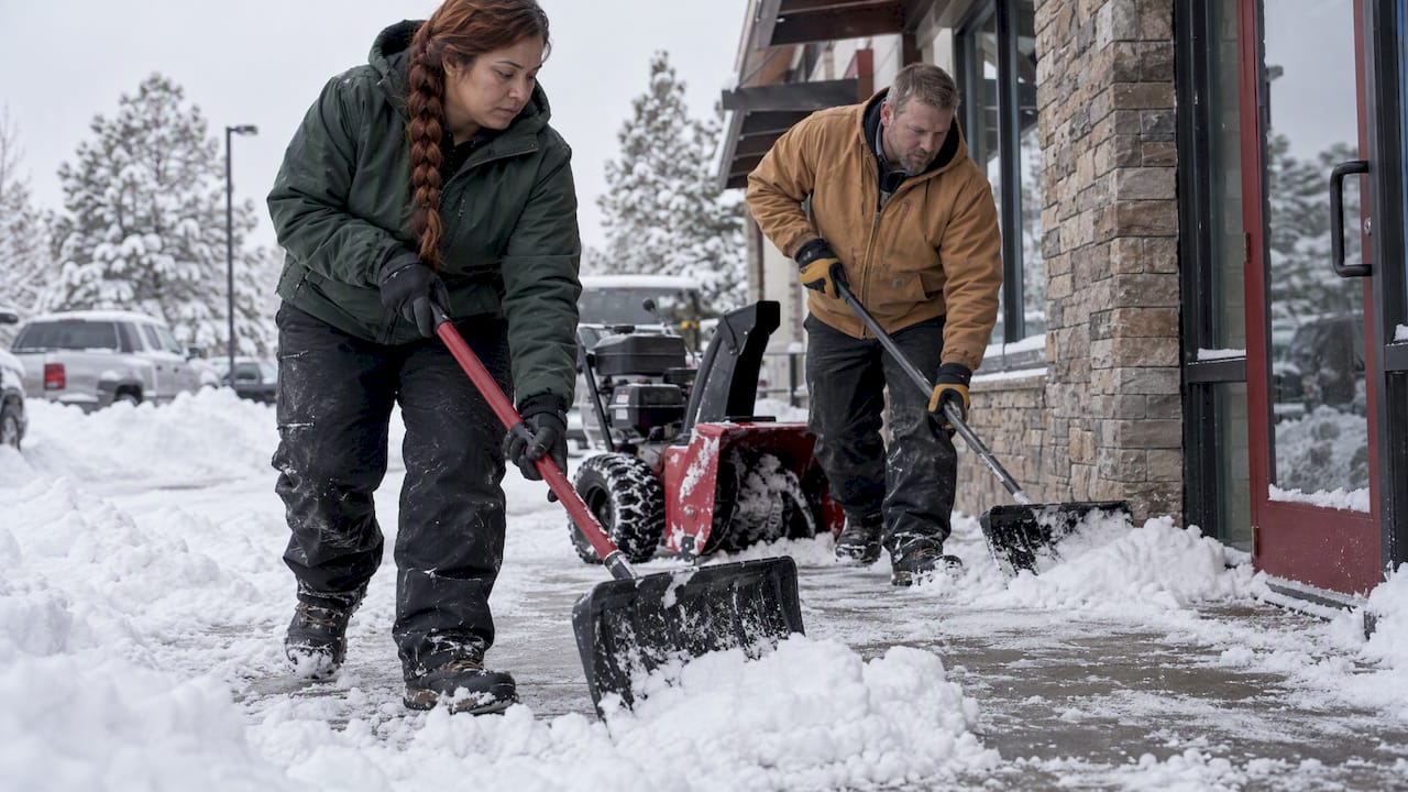 Flagstaff crew clearing a snowy commercial walkway