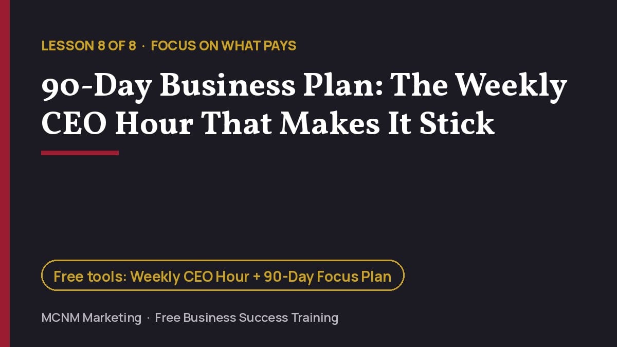 90-day business plan lesson title card: the weekly CEO hour that makes it stick