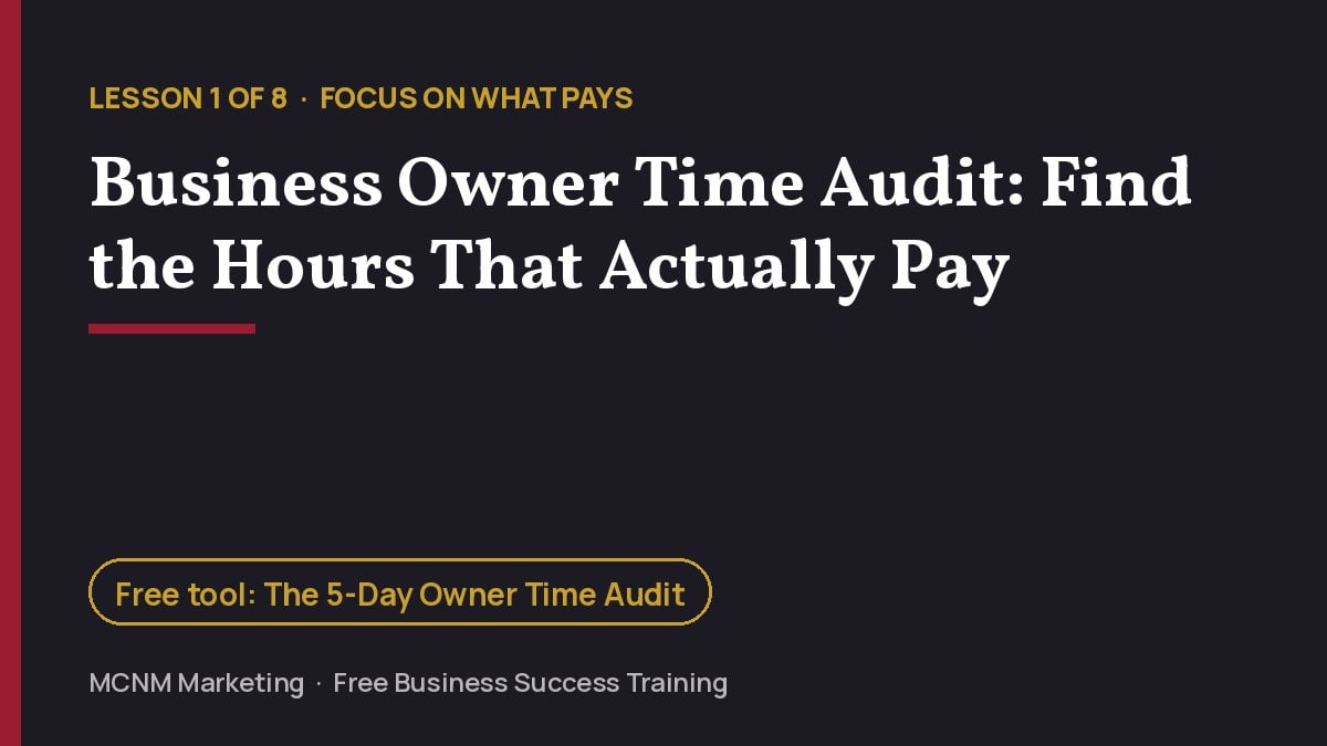 Business owner time audit lesson title card: find the hours that actually pay