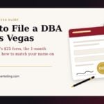 How to file a DBA in Las Vegas: assumed-name certificate with a DBA badge beside a phone showing a map pin