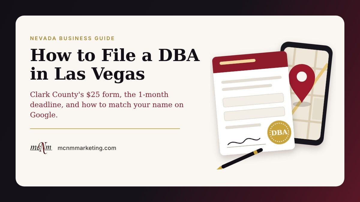 How to file a DBA in Las Vegas: assumed-name certificate with a DBA badge beside a phone showing a map pin