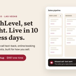 GoHighLevel setup by MCNM Marketing in Las Vegas: a sales pipeline with new, booked and won deals, and a missed-call text-back alert