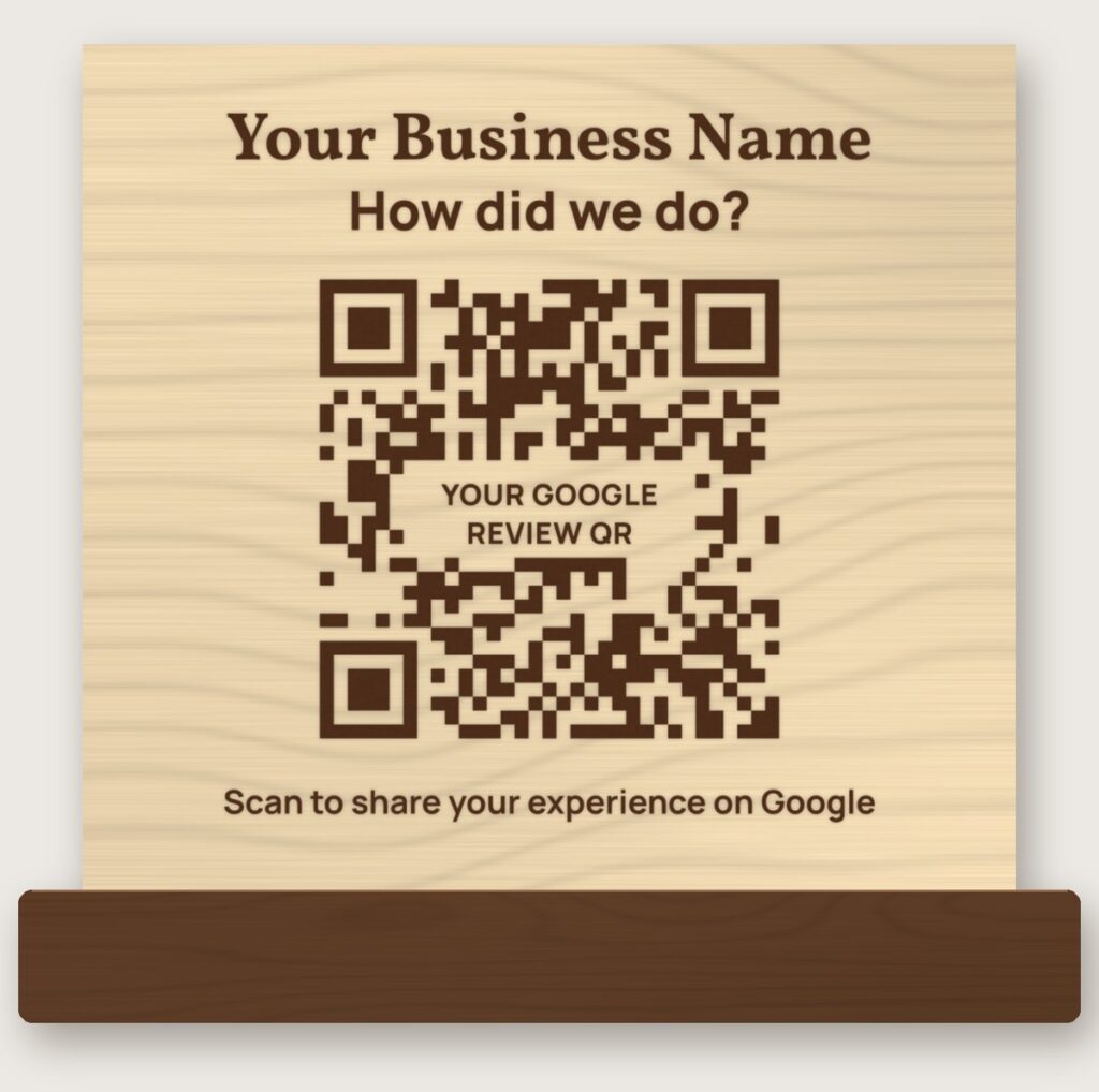 Sample custom Google review stand from Las Vegas: engraved basswood with business name, How did we do? and a QR code area
