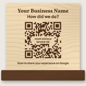 Sample custom Google review stand from Las Vegas: engraved basswood with business name, How did we do? and a QR code area