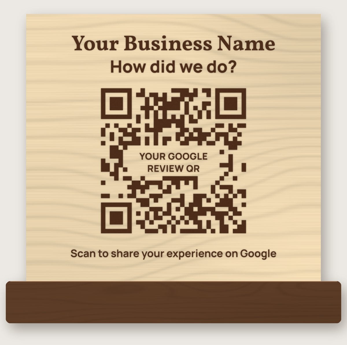 Custom Google review stand engraved in Las Vegas with a business name, How did we do? and a review QR code