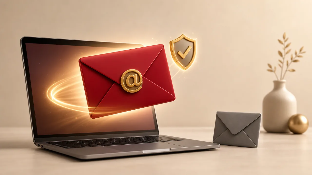 Business email vs Gmail: a branded crimson email envelope rising from a laptop beside a plain gray envelope
