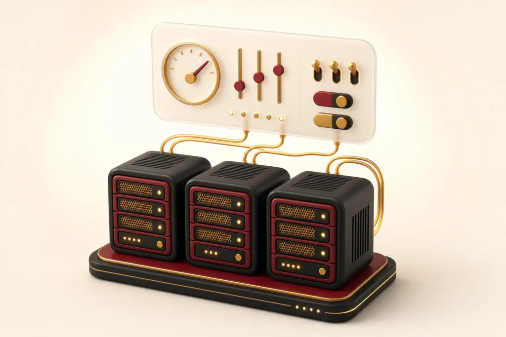 Three web hosting servers wired to a control panel with dials and switches