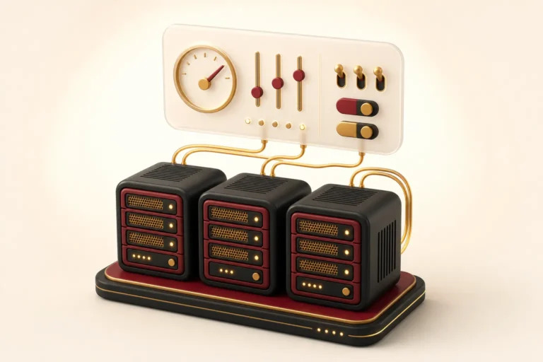 Three web hosting servers wired to a control panel with dials and switches
