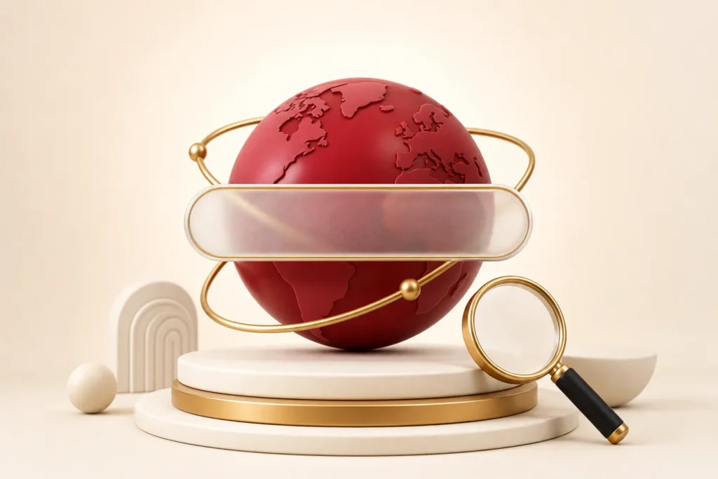 Crimson globe with a domain search bar and gold magnifying glass