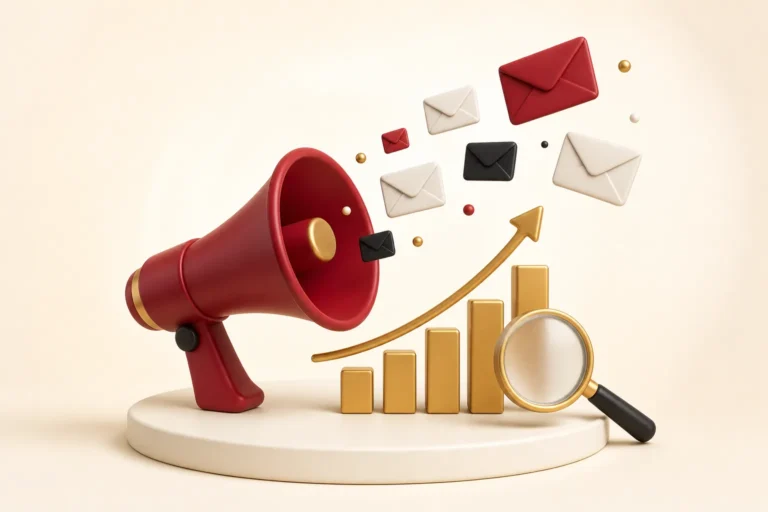 Crimson megaphone sending emails beside a rising gold bar chart and magnifying glass