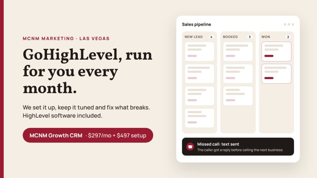 MCNM Growth CRM: GoHighLevel set up and managed by MCNM Marketing for $297 a month plus $497 setup