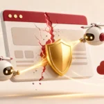 Hacked WordPress site recovery: a cracked website window sealed by a gold shield while repair drones work and a backup cloud waits