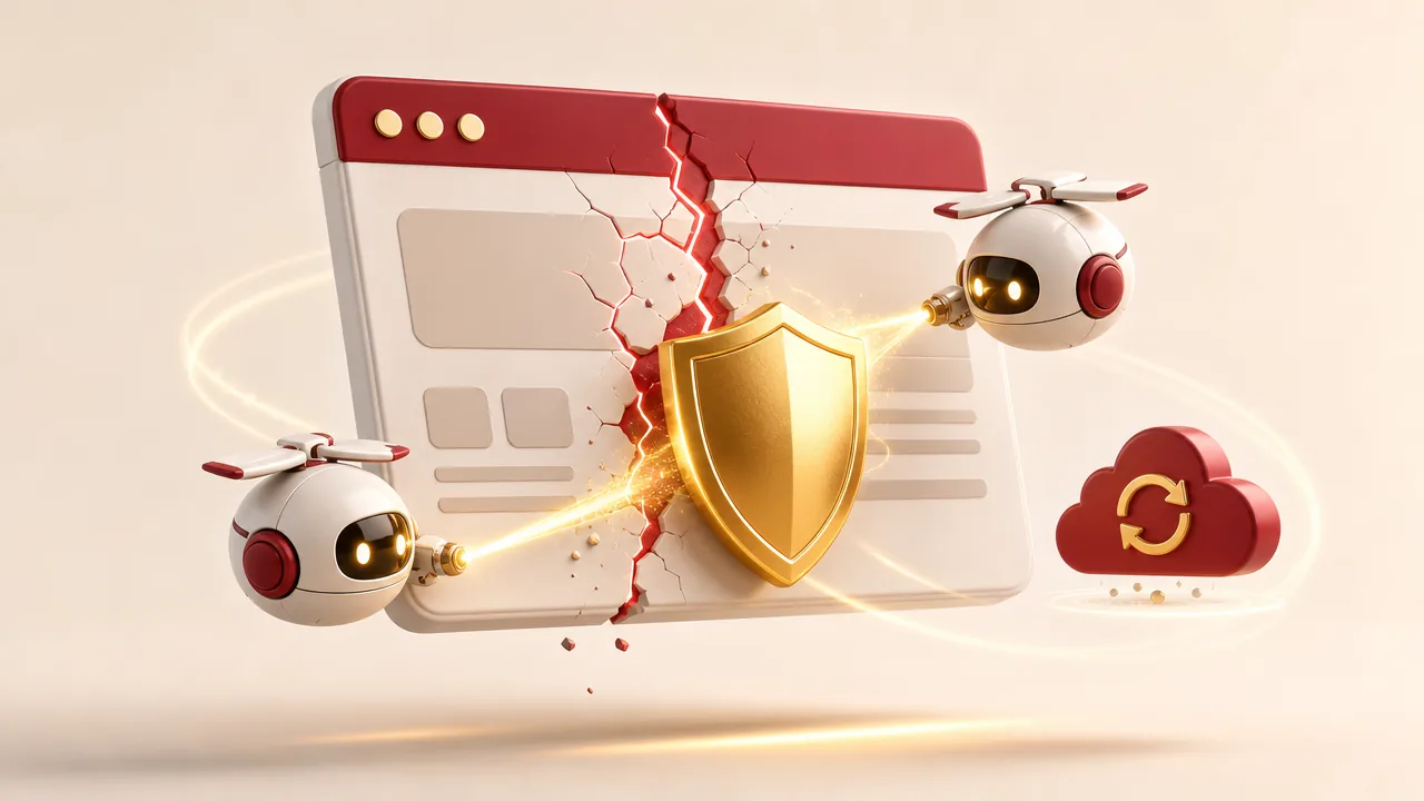 Hacked WordPress site recovery: a cracked website window sealed by a gold shield while repair drones work and a backup cloud waits