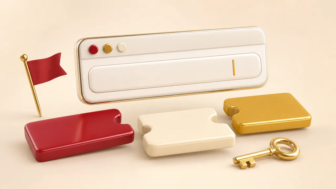 How to choose a domain name: blank name tiles, a browser address bar, a gold key, and a red flag
