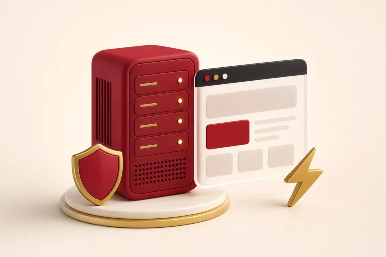 Crimson hosting server beside a website window with a security shield and speed bolt