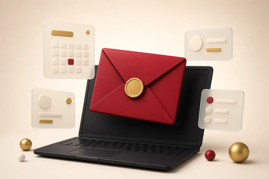 Crimson envelope with a gold seal rising from a laptop beside calendar and contact cards