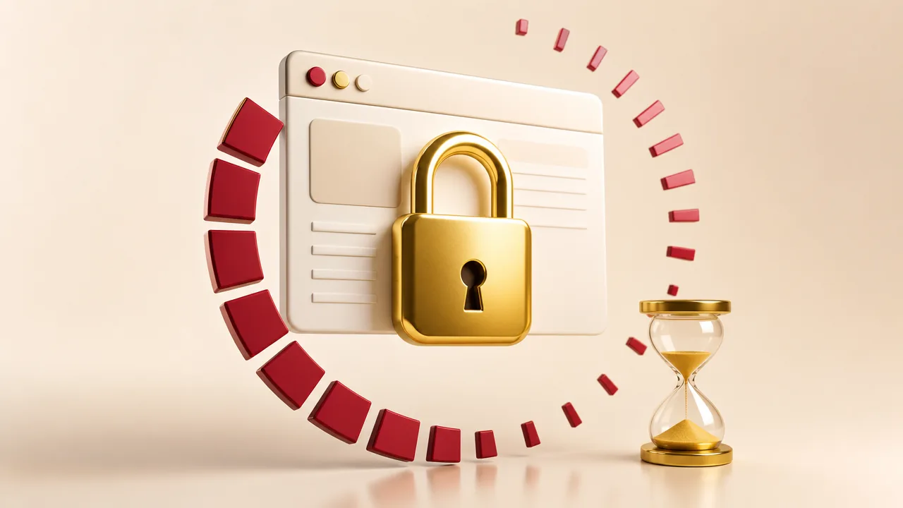 SSL certificate validity is shrinking: a gold padlock on a browser window inside a countdown ring with an hourglass