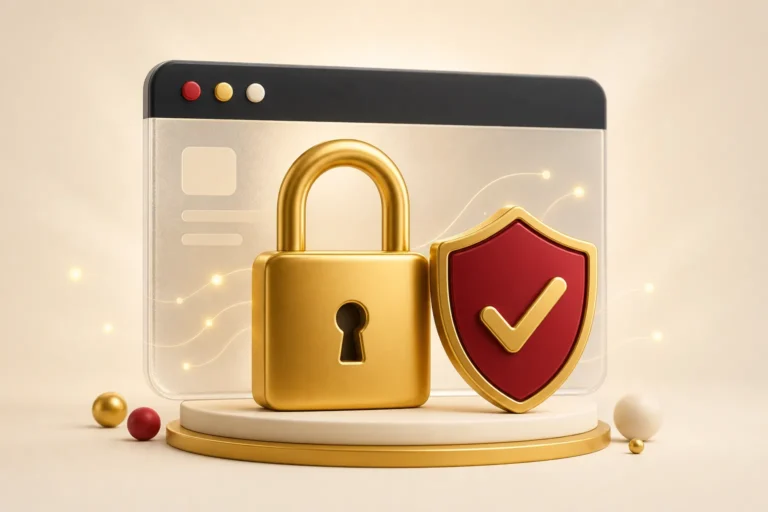 Gold padlock and crimson check-mark shield in front of a secure browser window