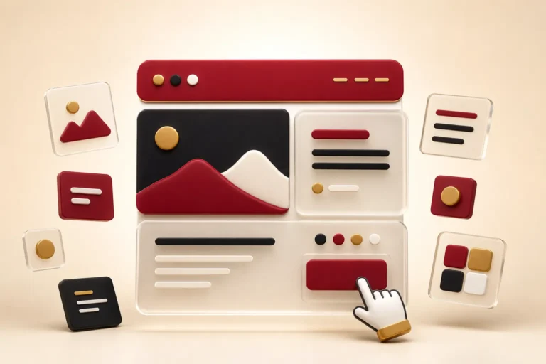 Website layout tiles snapping together into a page with a cursor placing a button