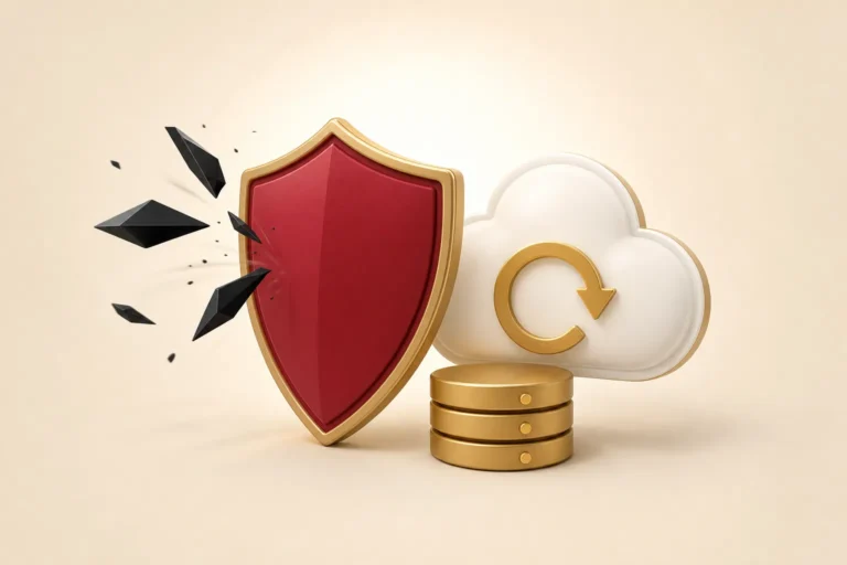 Crimson shield deflecting threats next to a cloud backup restore icon and data disks