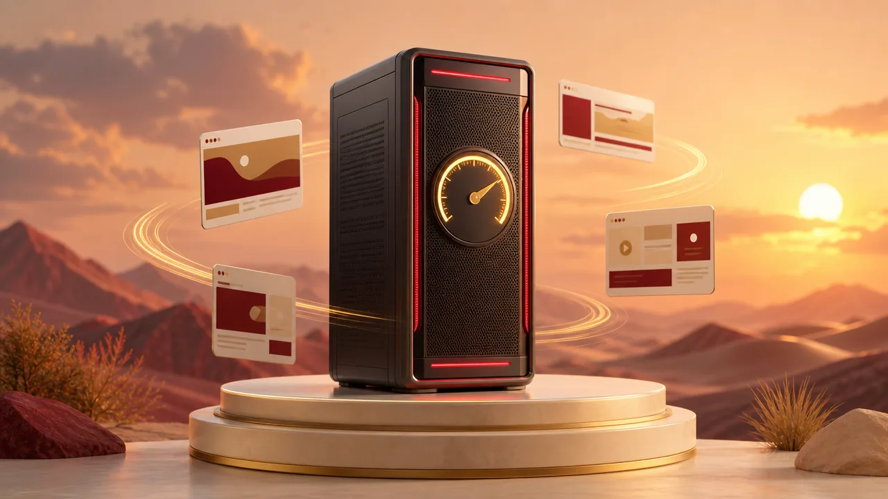 WordPress hosting for Las Vegas small businesses: a server with a speed gauge on a pedestal against a desert sunset