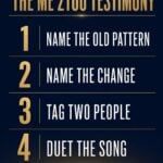Four-step Me 2Too Testimony card: name the old pattern, name the change, tag two people, duet the song
