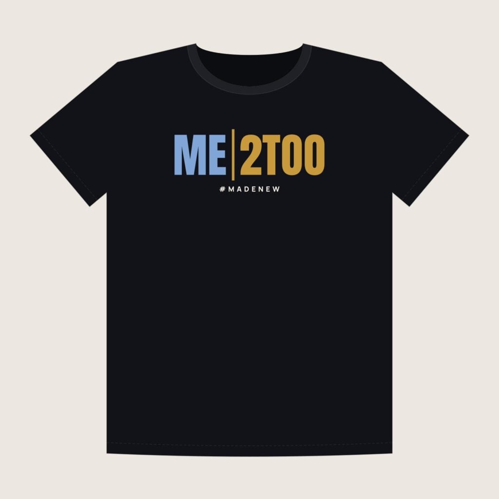 Me 2Too Mirror Tee front: black t-shirt with ME in blue and 2TOO in gold split by a gold line