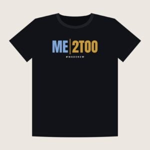 Me 2Too Mirror Tee front: black t-shirt with ME in blue and 2TOO in gold split by a gold line